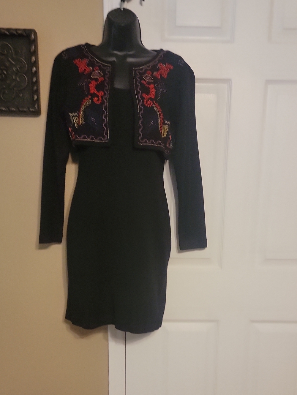 Carole Little Black Bodycon Dress with Embroidered Cropped Jacket